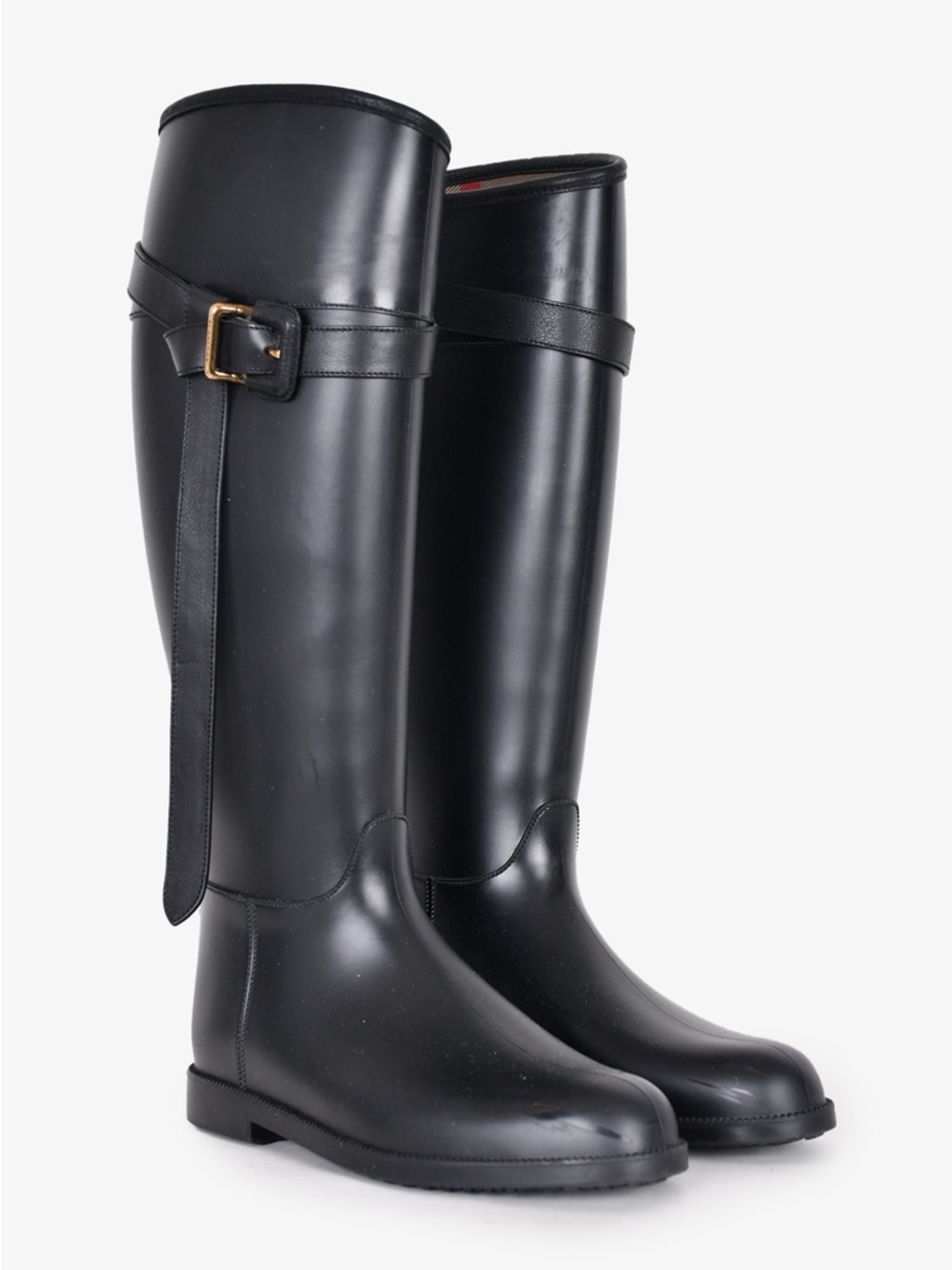 Burberry Black Tall Rain Boots with Gold Buckle Detail